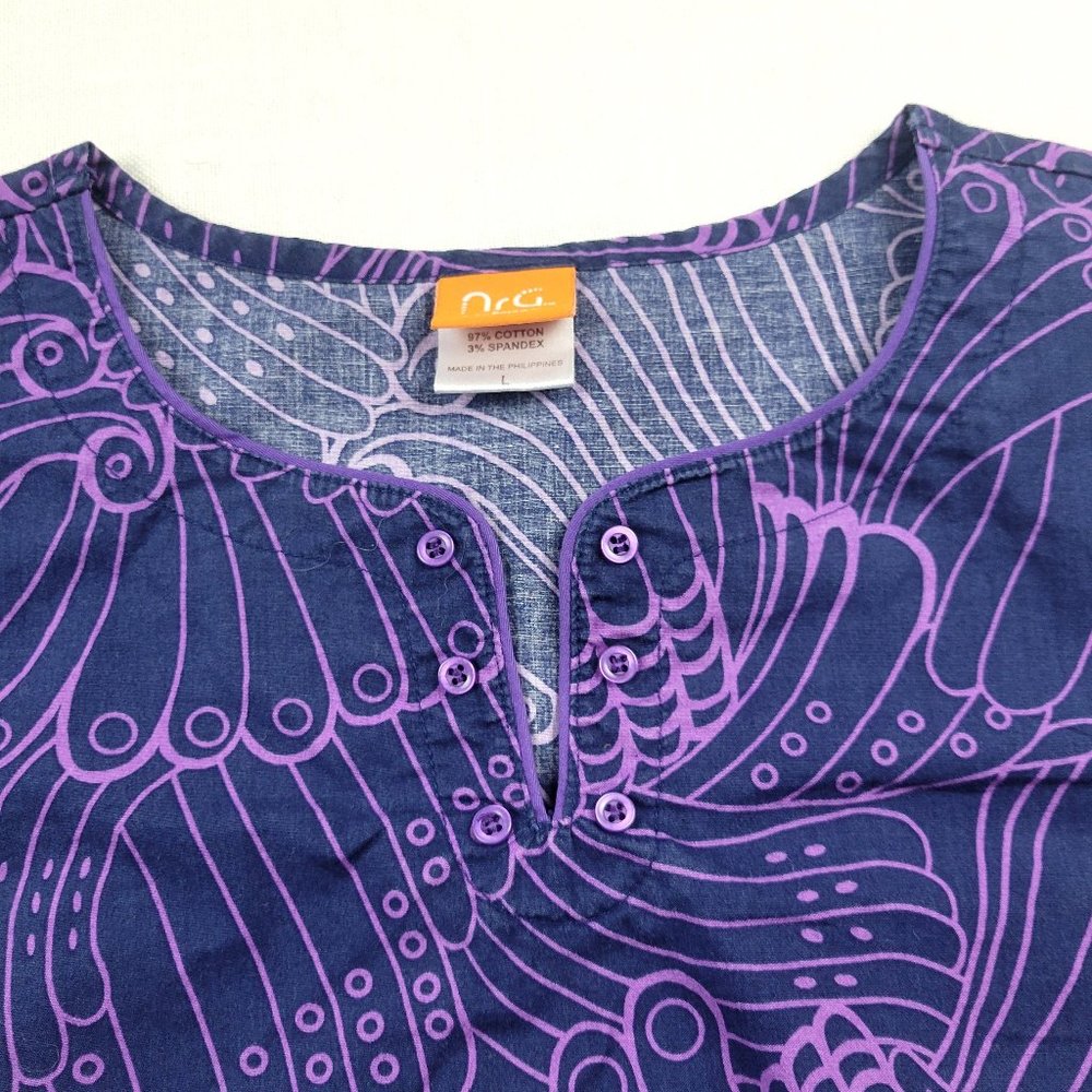 NRG Blue and Purple Feather Floral Print  Scrub Top by Barco - Large - Picture 3 of 9